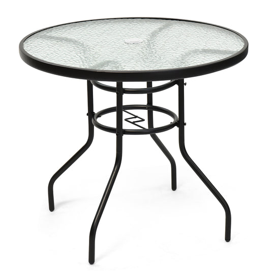 32 Inch Patio Tempered Glass Steel Frame Round Table with Convenient Umbrella Hole, Black