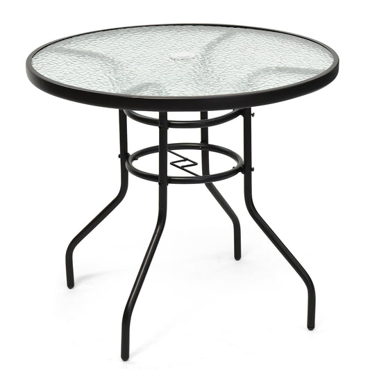 32 Inch Round Patio Table, Tempered Glass Steel Frame, Umbrella Hole, Black Patio Dining Tables Black at Gallery Canada