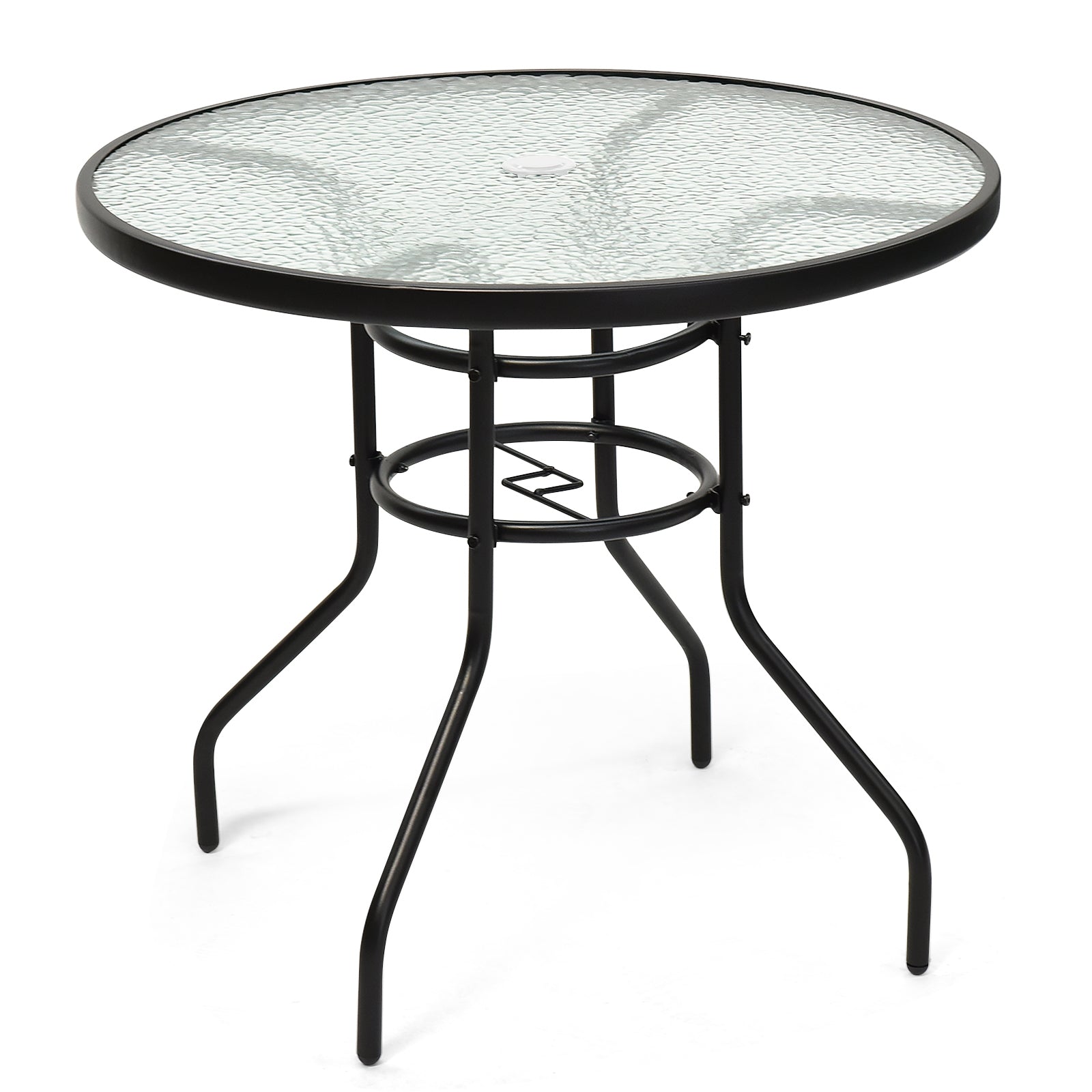 32 Inch Patio Tempered Glass Steel Frame Round Table with Convenient Umbrella Hole, Black Patio Dining Tables Black at Gallery Canada