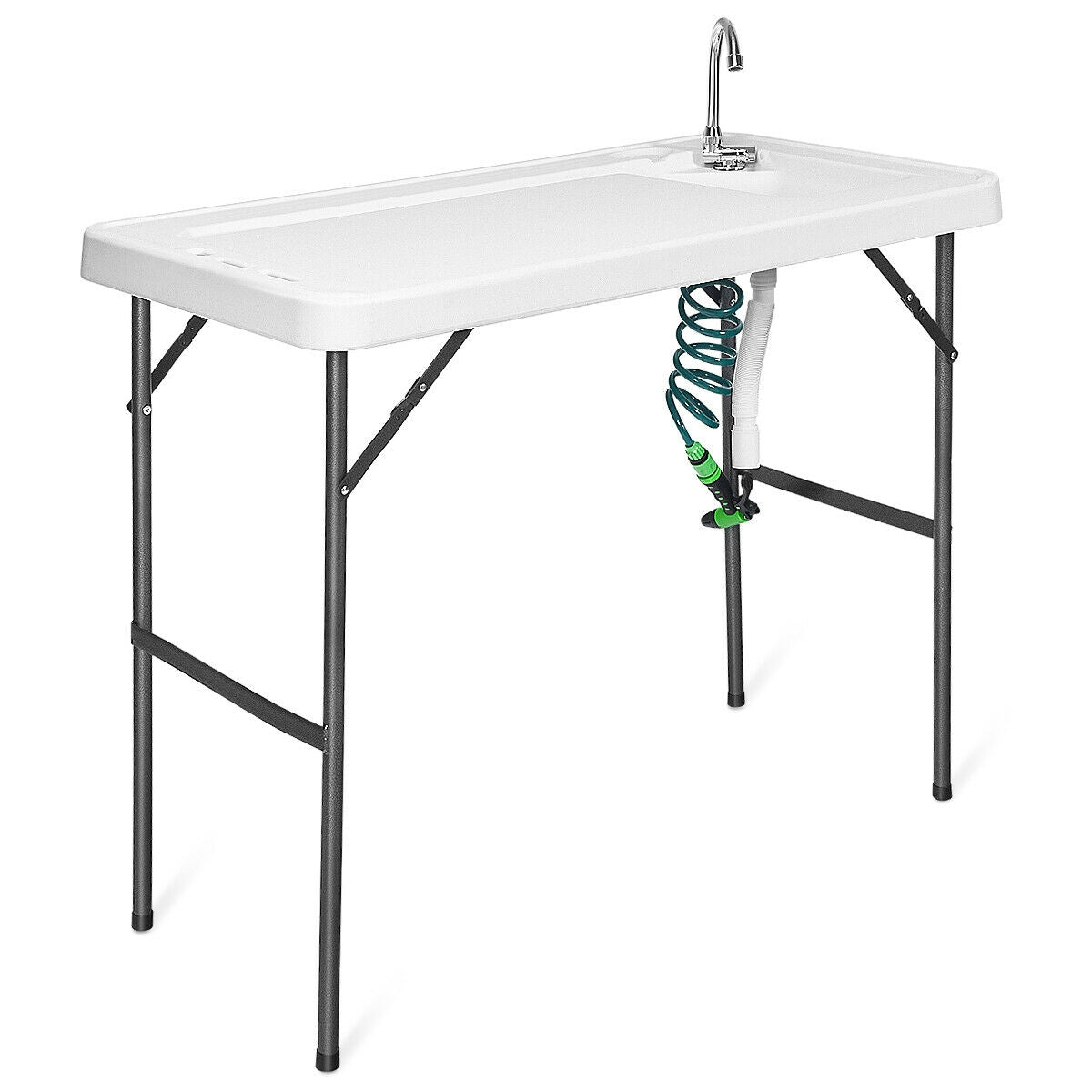 Folding Camping Table With Sink, Faucet, Cutting Board, Sprayer, White