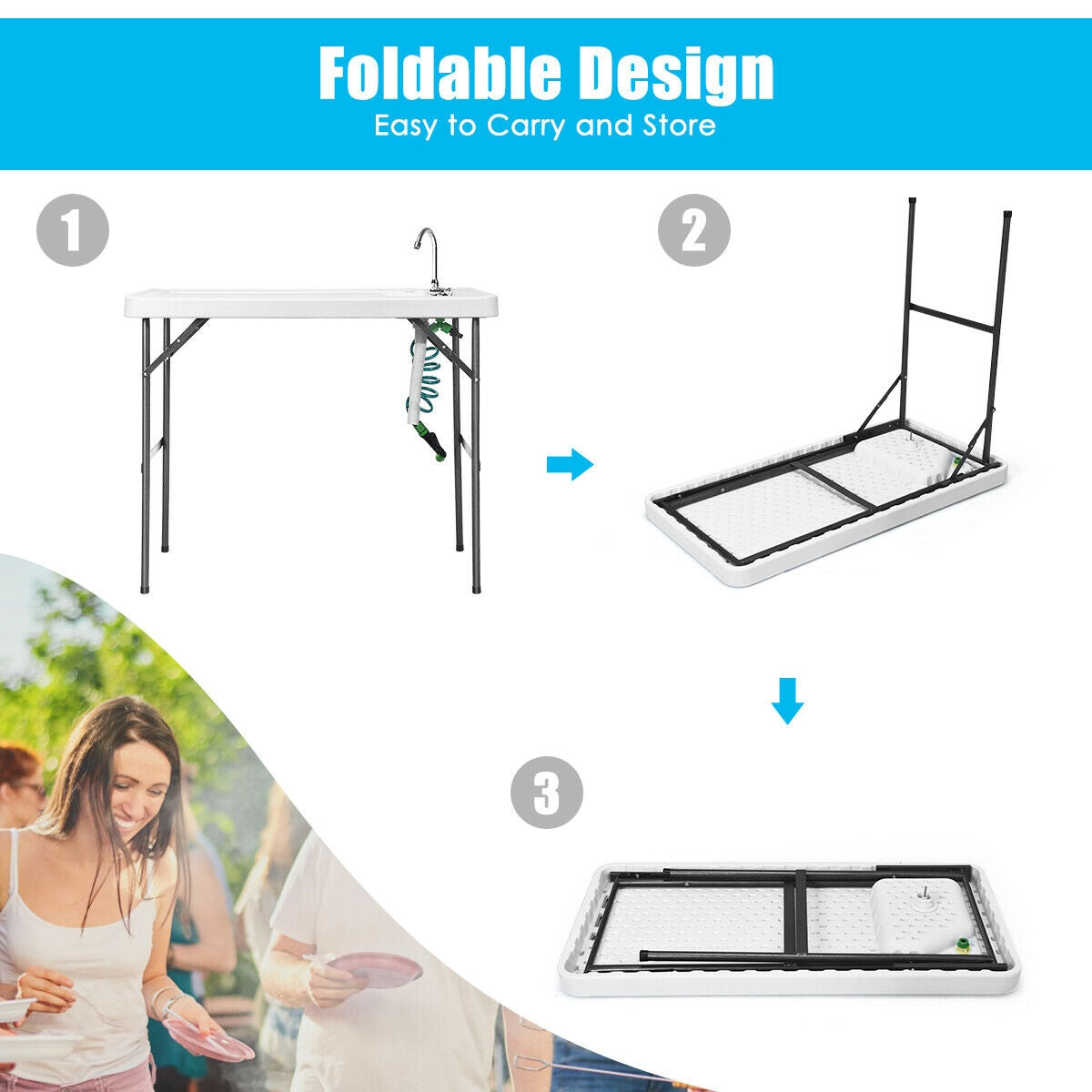 Folding Cleaning Sink Faucet Cutting Camping Table with Sprayer, White Camping Furniture at Gallery Canada