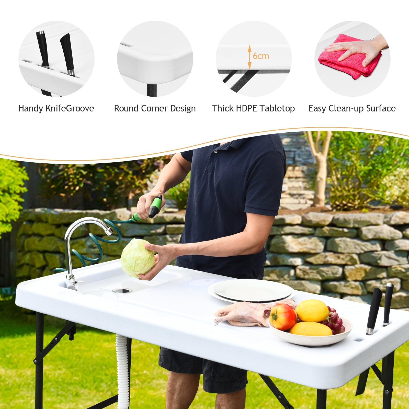 Folding Cleaning Sink Faucet Cutting Camping Table with Sprayer, White Camping Furniture at Gallery Canada