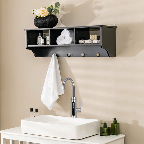 Wall Mount Cubby Organizer Hooks Entryway Storage Shelf, Black