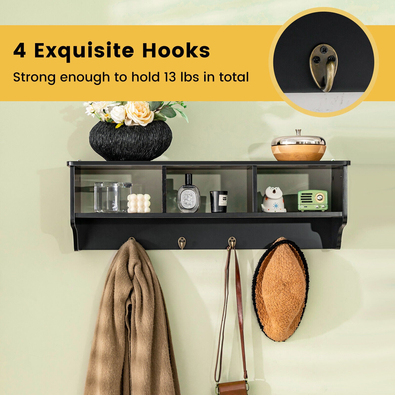Wall Mount Cubby Organizer Hooks Entryway Storage Shelf, Black Coat Racks & Hall Trees at Gallery Canada