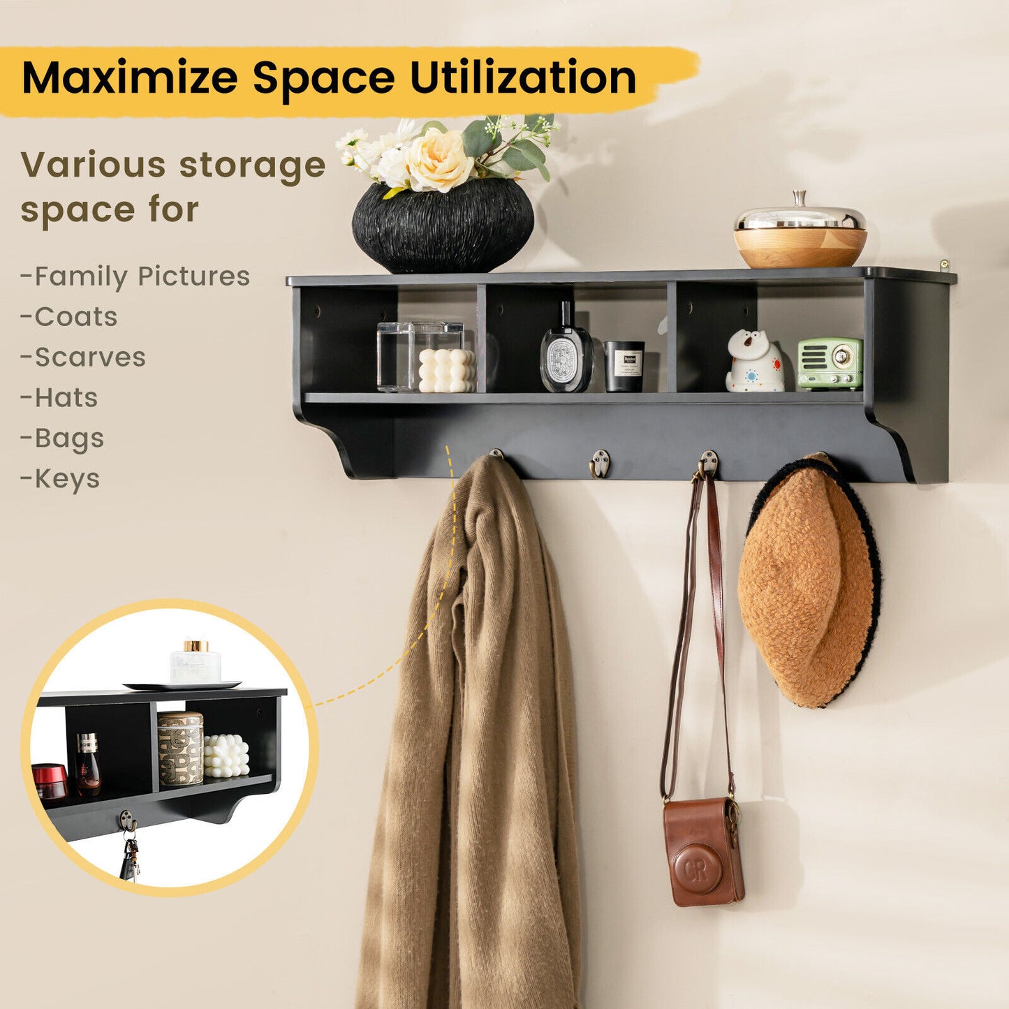 Wall Mount Cubby Organizer Hooks Entryway Storage Shelf, Black Coat Racks & Hall Trees at Gallery Canada