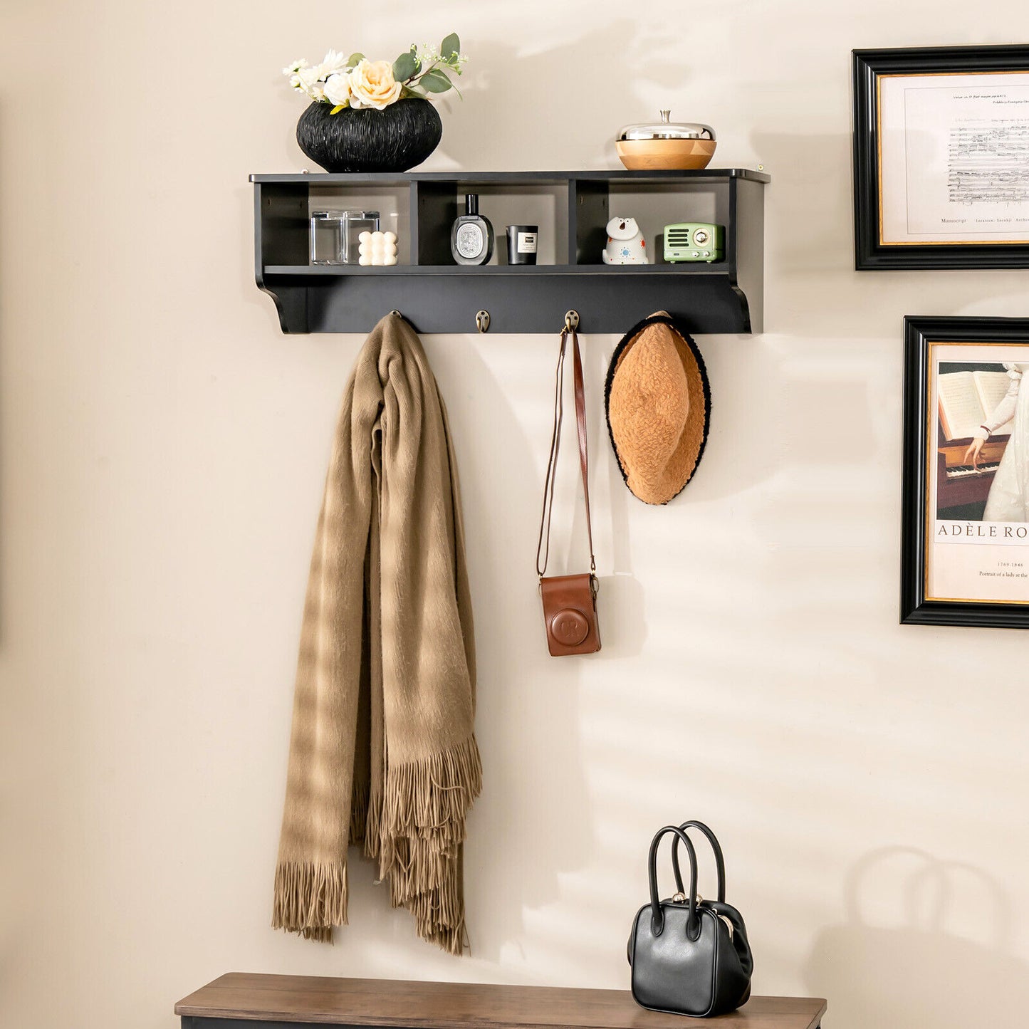 Wall Mount Cubby Organizer Hooks Entryway Storage Shelf, Black Coat Racks & Hall Trees at Gallery Canada