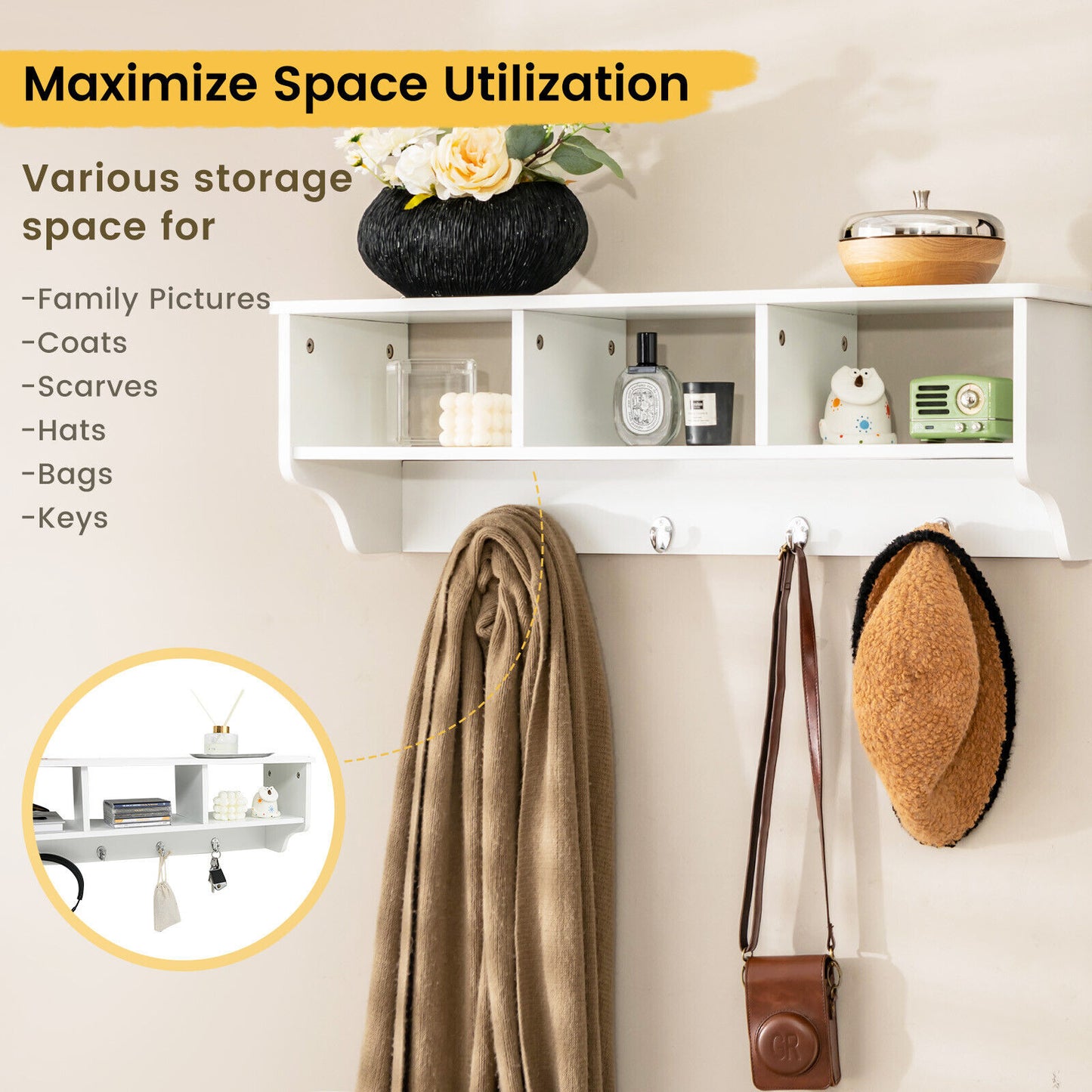 Wall Mount Cubby Organizer Hooks Entryway Storage Shelf, White Coat Racks & Hall Trees at Gallery Canada