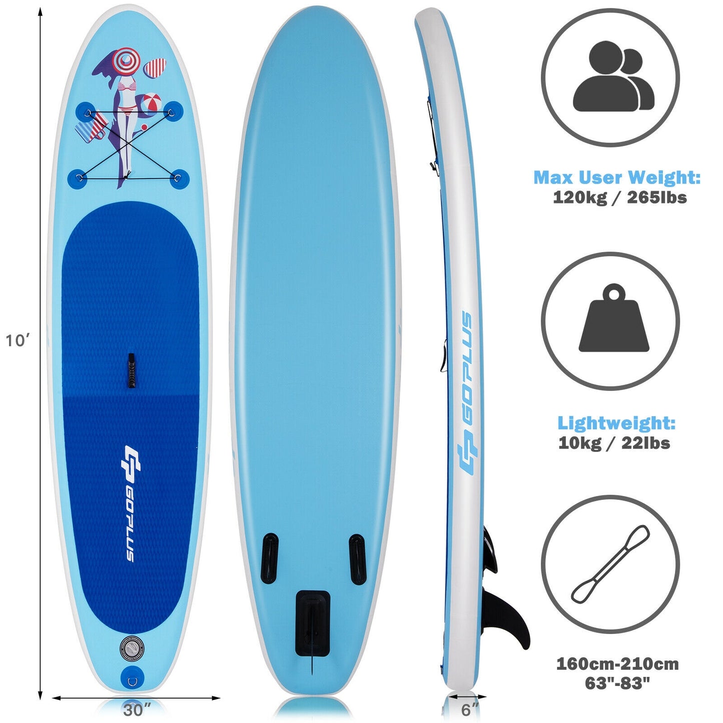 10 FT Inflatable Stand Up Paddle Board, Blue