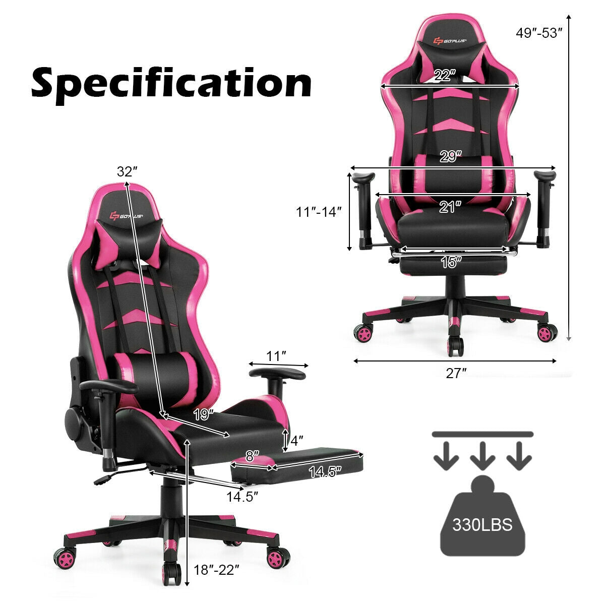 Massage Gaming Chair with Footrest, Pink Gaming Chairs at Gallery Canada