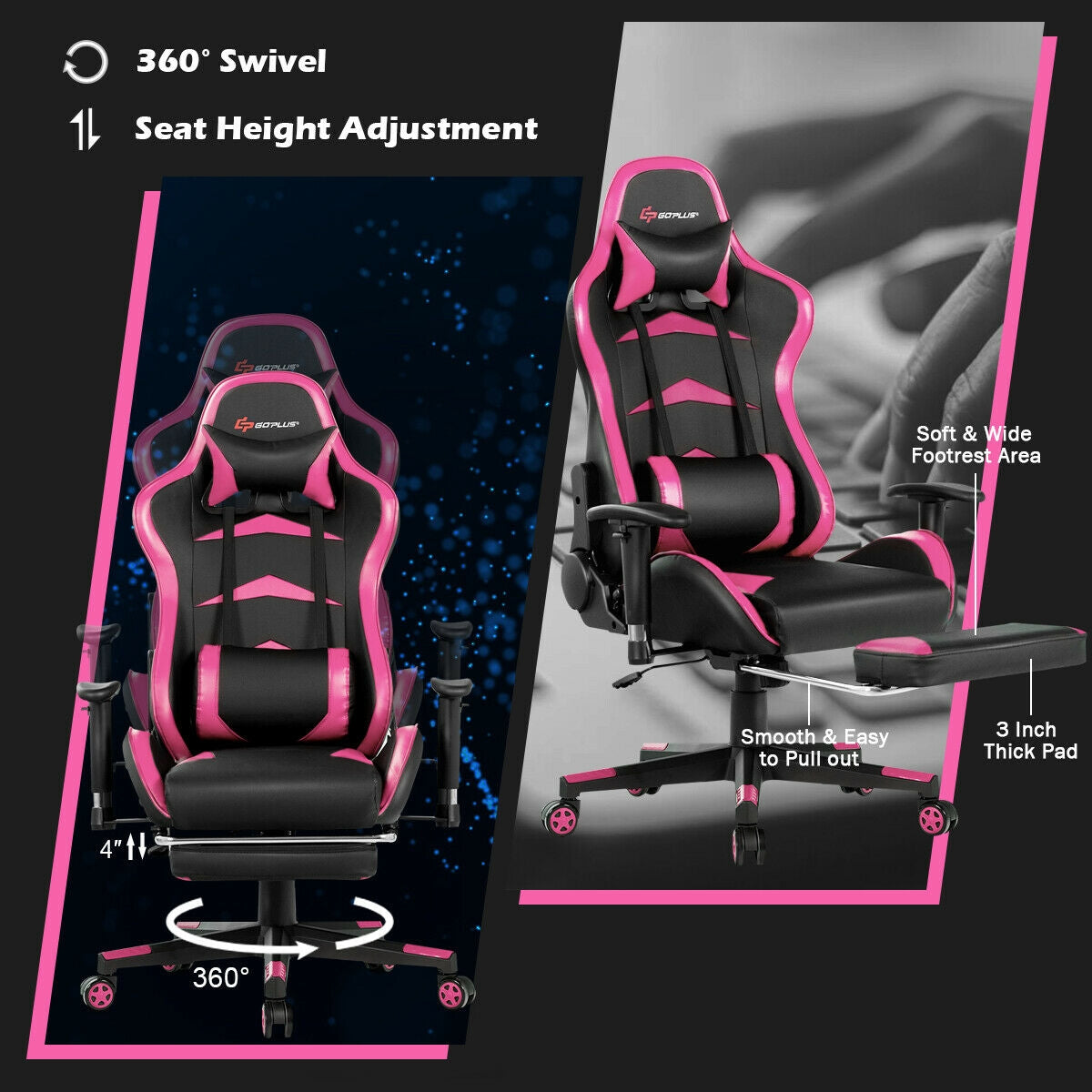 Massage Gaming Chair with Footrest, Pink Gaming Chairs at Gallery Canada