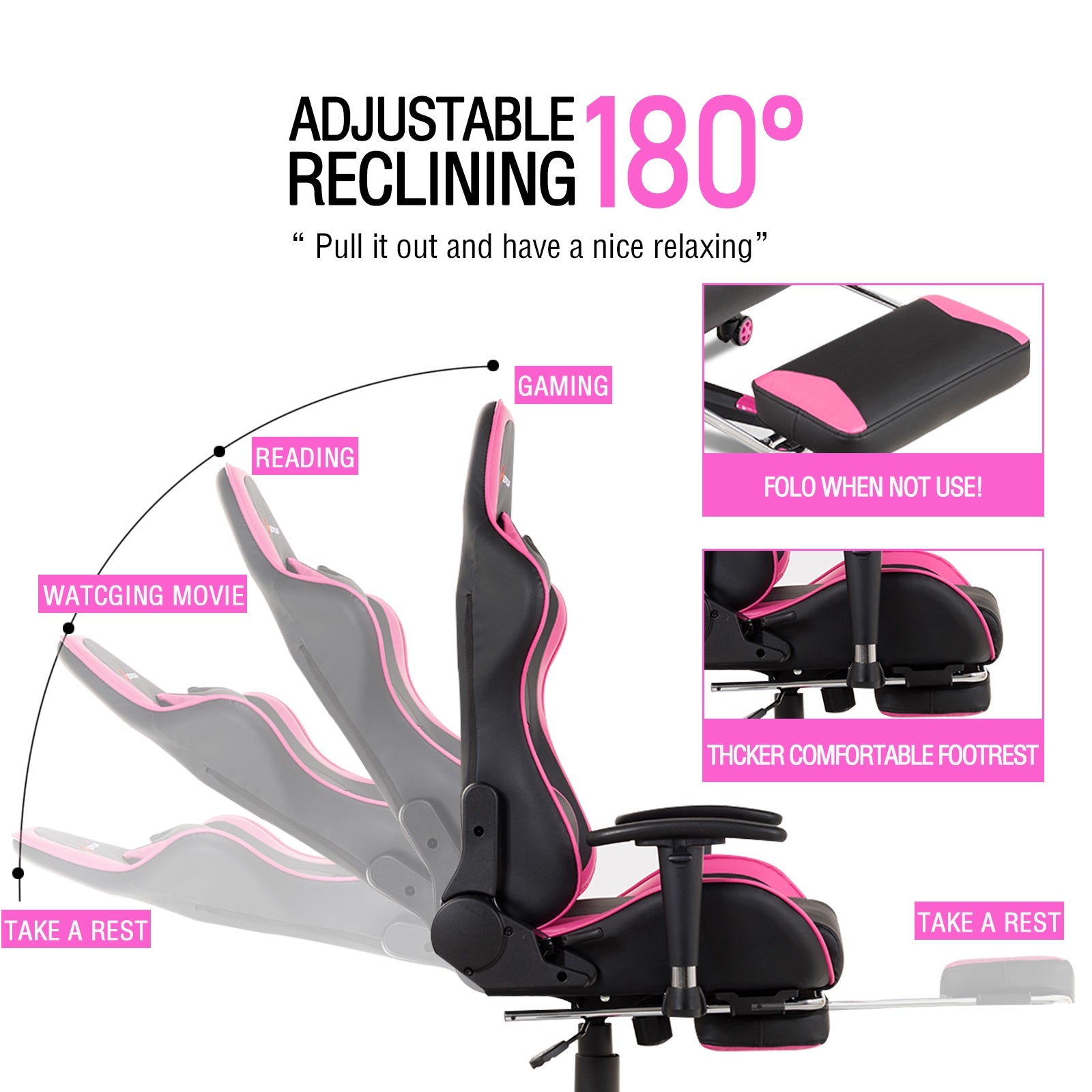 Massage Gaming Chair with Footrest, Pink Gaming Chairs at Gallery Canada