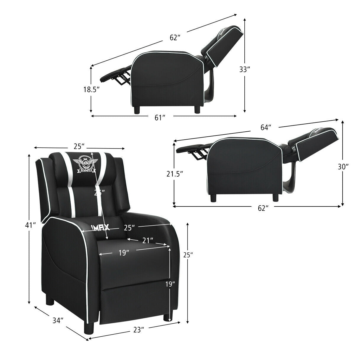 Massage Racing Gaming Single Recliner Chair, White Gaming Chairs at Gallery Canada