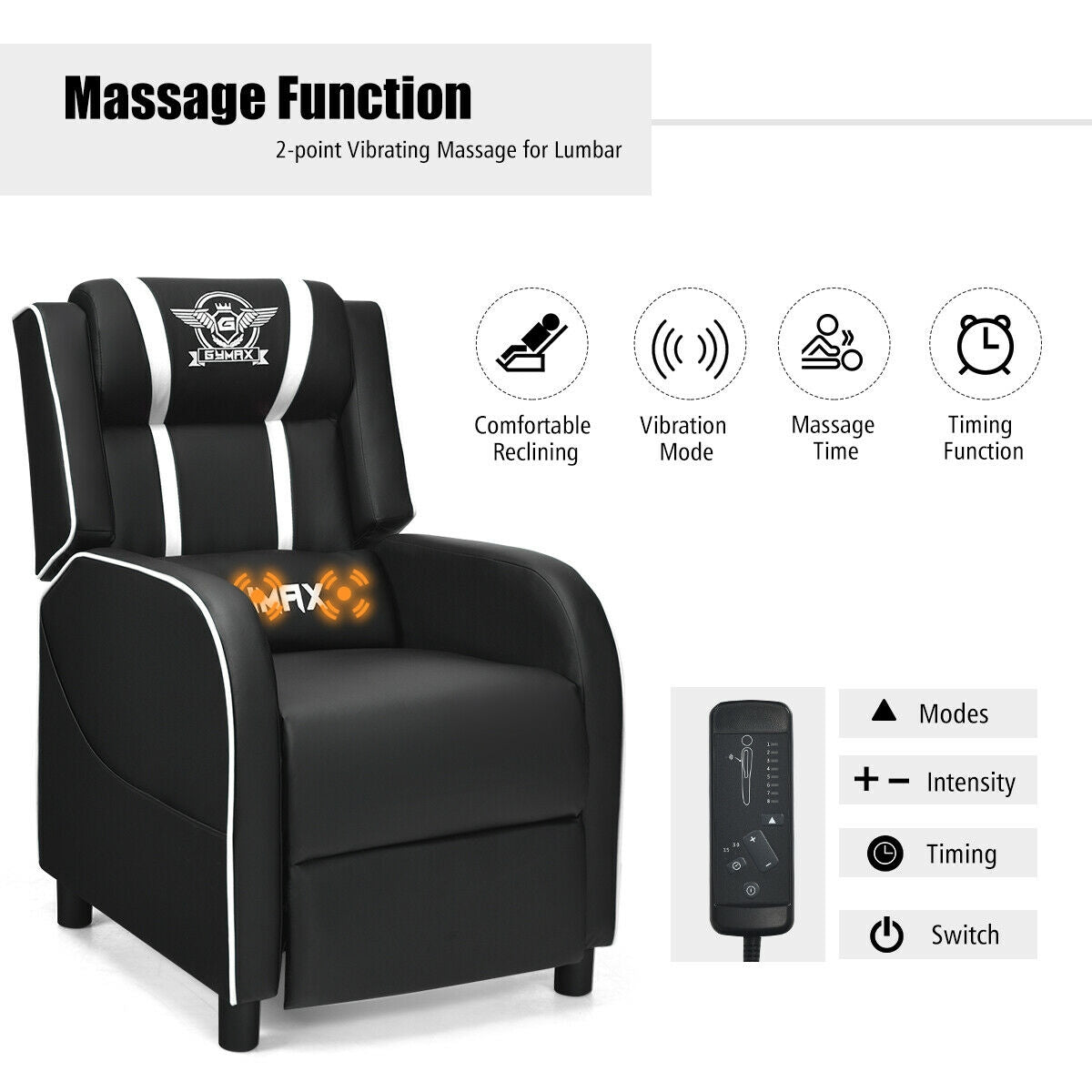 Massage Racing Gaming Single Recliner Chair, White Gaming Chairs at Gallery Canada