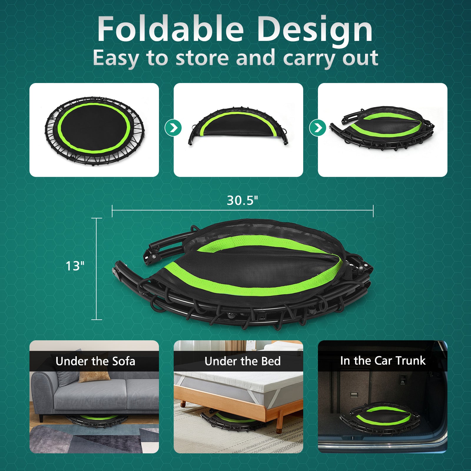 40 Inch Foldable Fitness Rebounder with Resistance Bands Adjustable Home, Green Trampolines at Gallery Canada