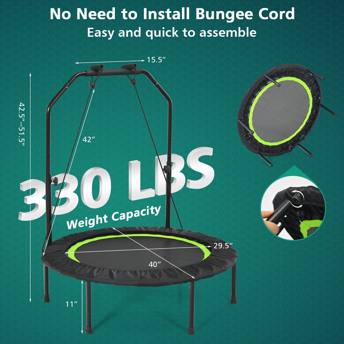 40 Inch Foldable Fitness Rebounder with Resistance Bands Adjustable Home, Green Trampolines at Gallery Canada