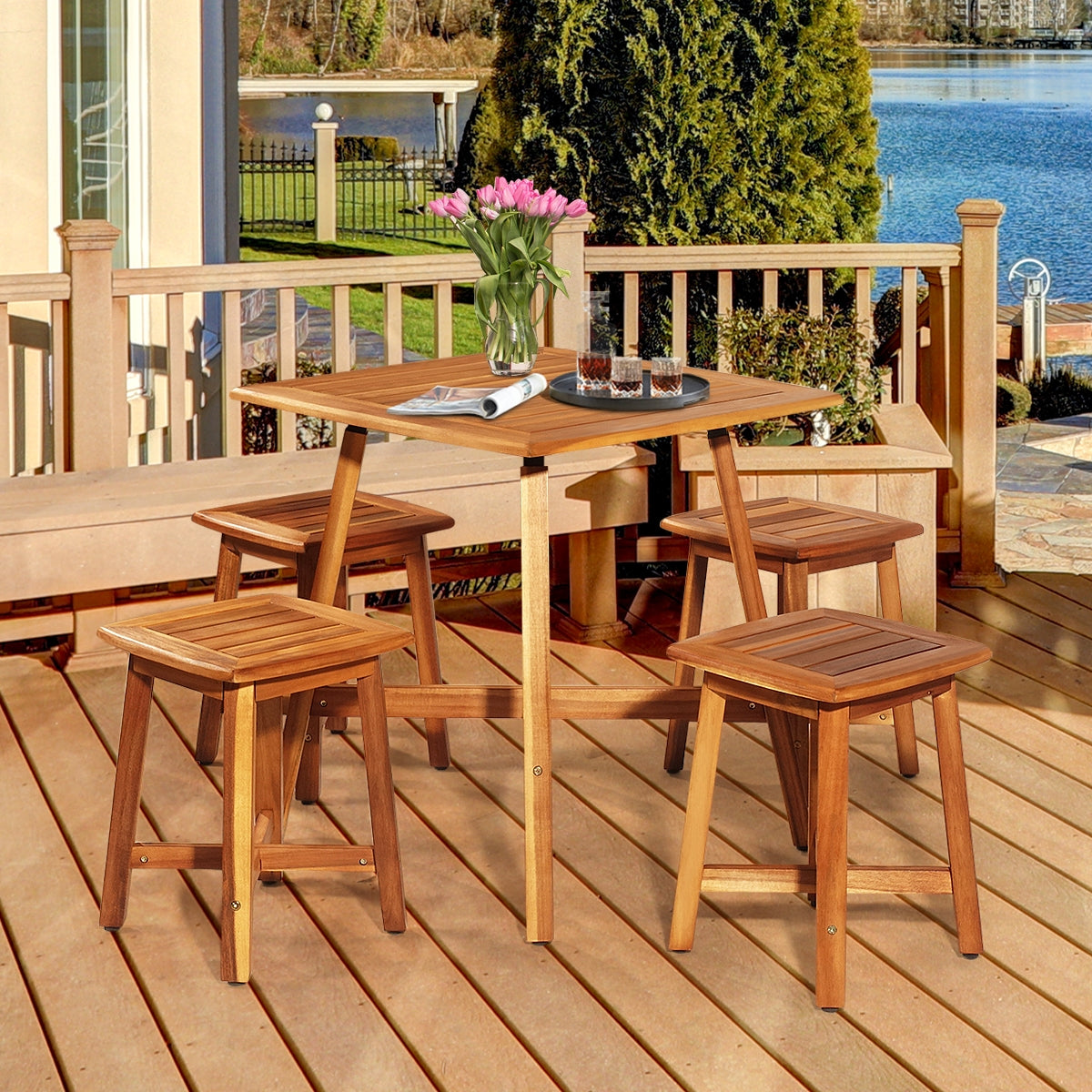 5 Pieces Acacia Patio Dining Set, Brown Patio Dining Sets at Gallery Canada