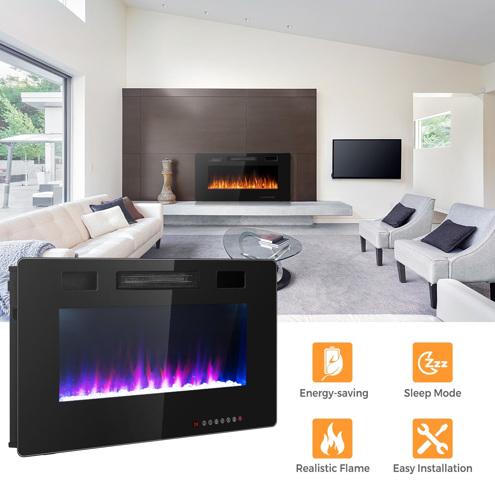 36 Inch Ultra Thin Wall Mounted Electric Fireplace, Black Fireplaces at Gallery Canada
