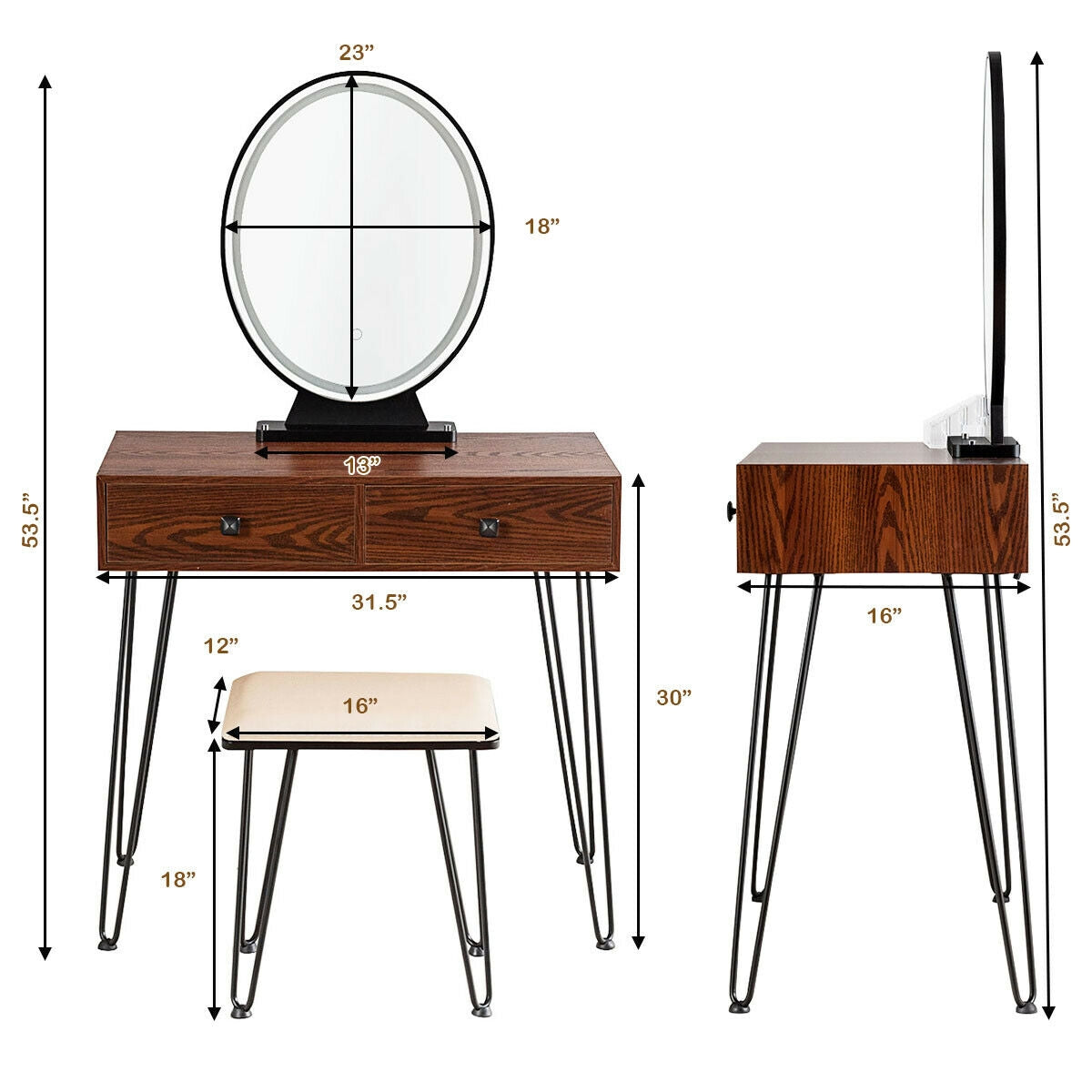 Industrial Makeup Dressing Table with 3 Lighting Modes, Walnut Makeup Vanities at Gallery Canada