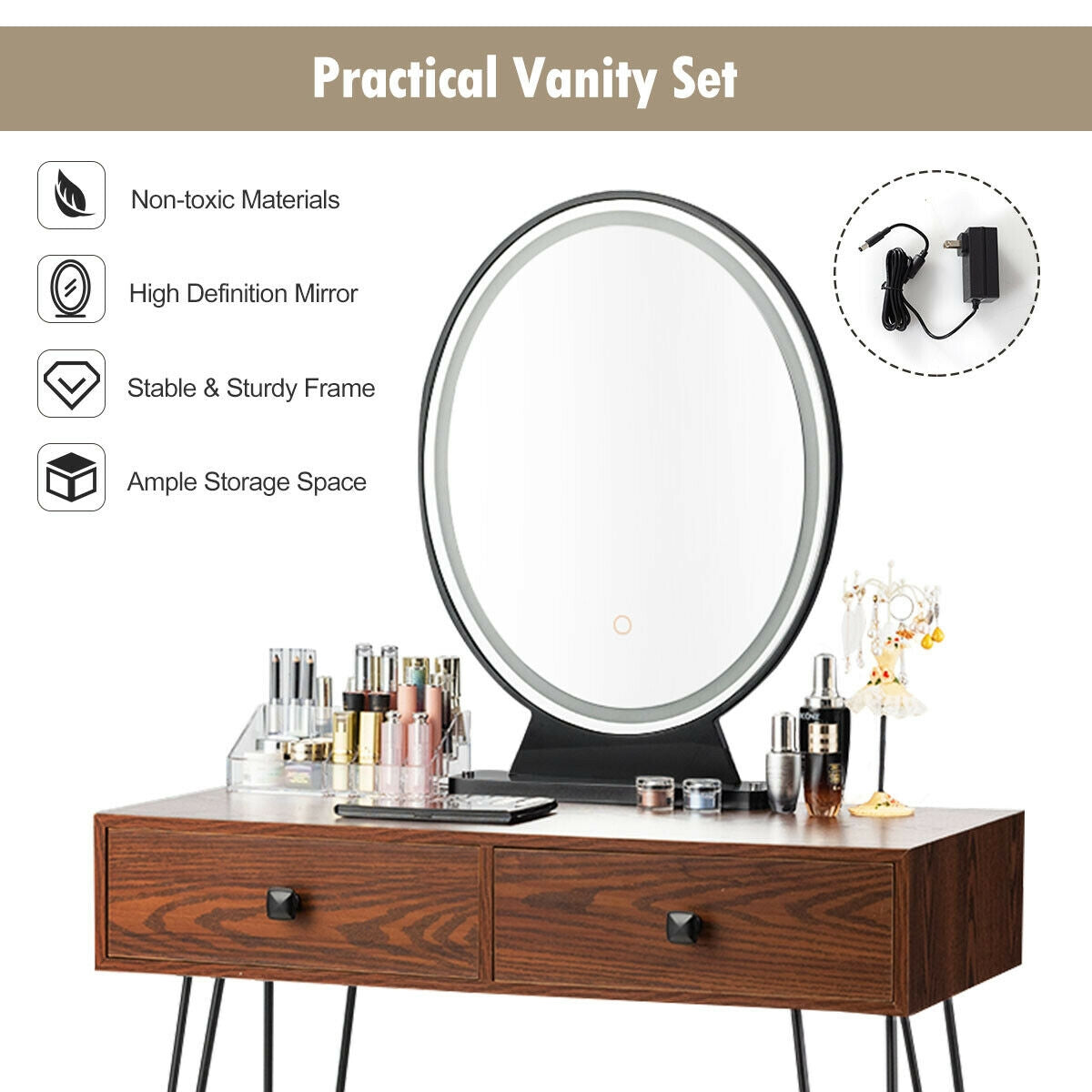 Industrial Makeup Dressing Table with 3 Lighting Modes, Walnut Makeup Vanities at Gallery Canada