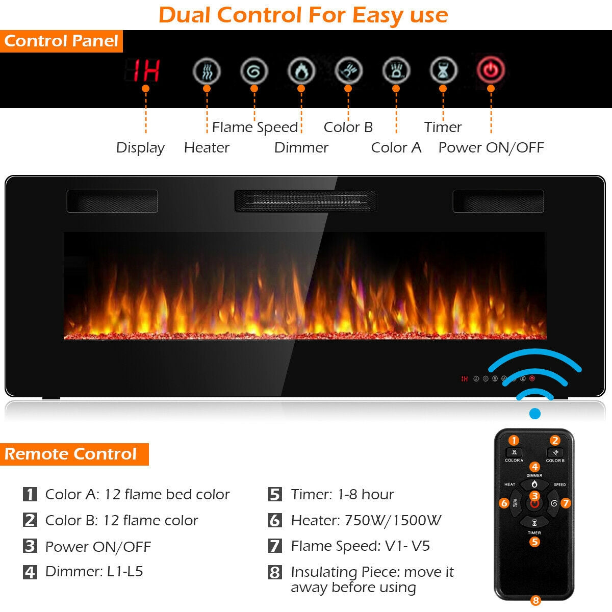 50 Inch Recessed Ultra Thin Electric Fireplace with Timer, Black Fireplaces at Gallery Canada