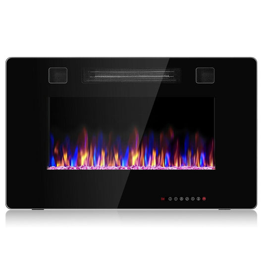 30-Inch Recessed Electric Fireplace Heater, Ultra Thin, Glass Appearance, Black