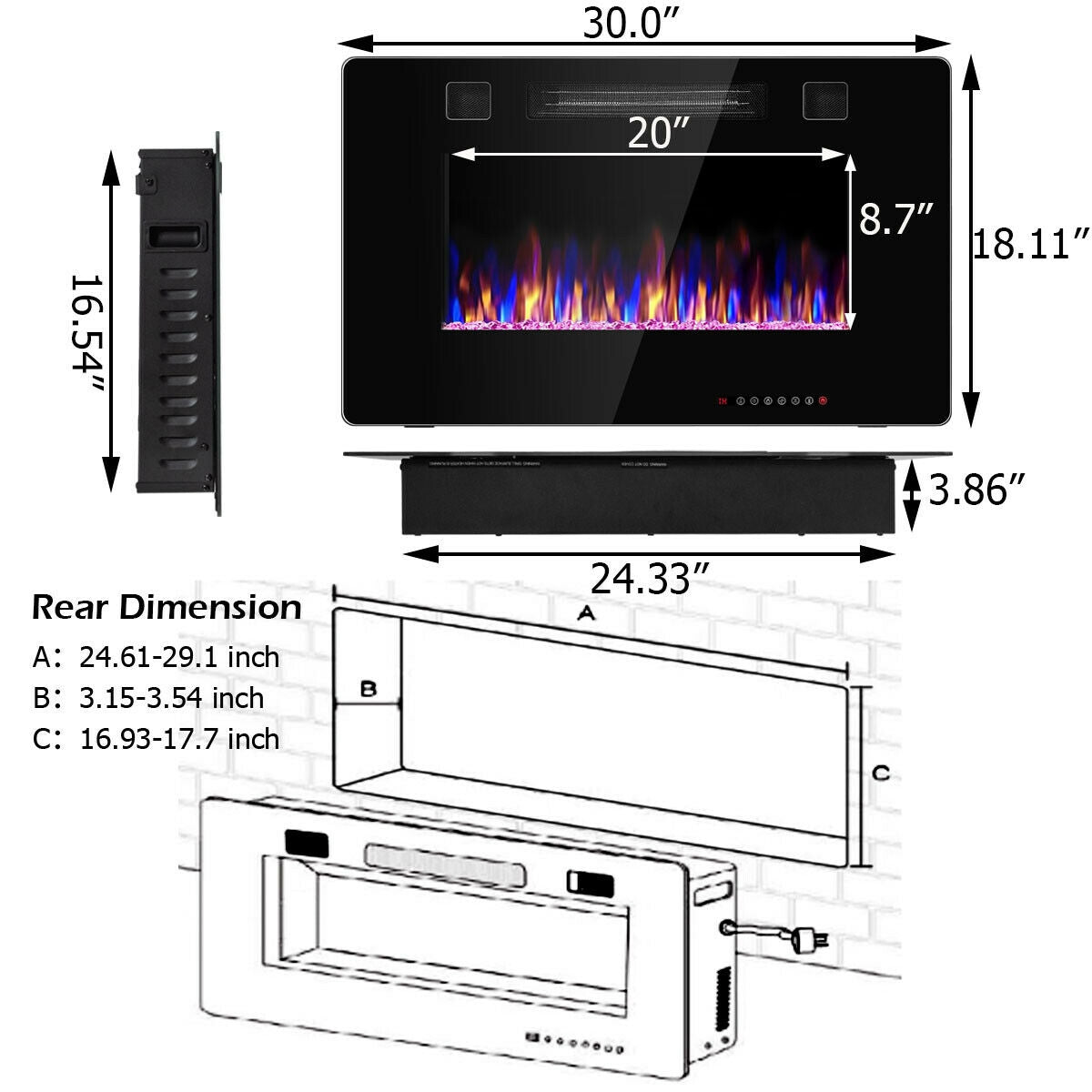 30-Inch Recessed Ultra Thin Electric Fireplace Heater with Glass Appearance, Black Fireplaces at Gallery Canada