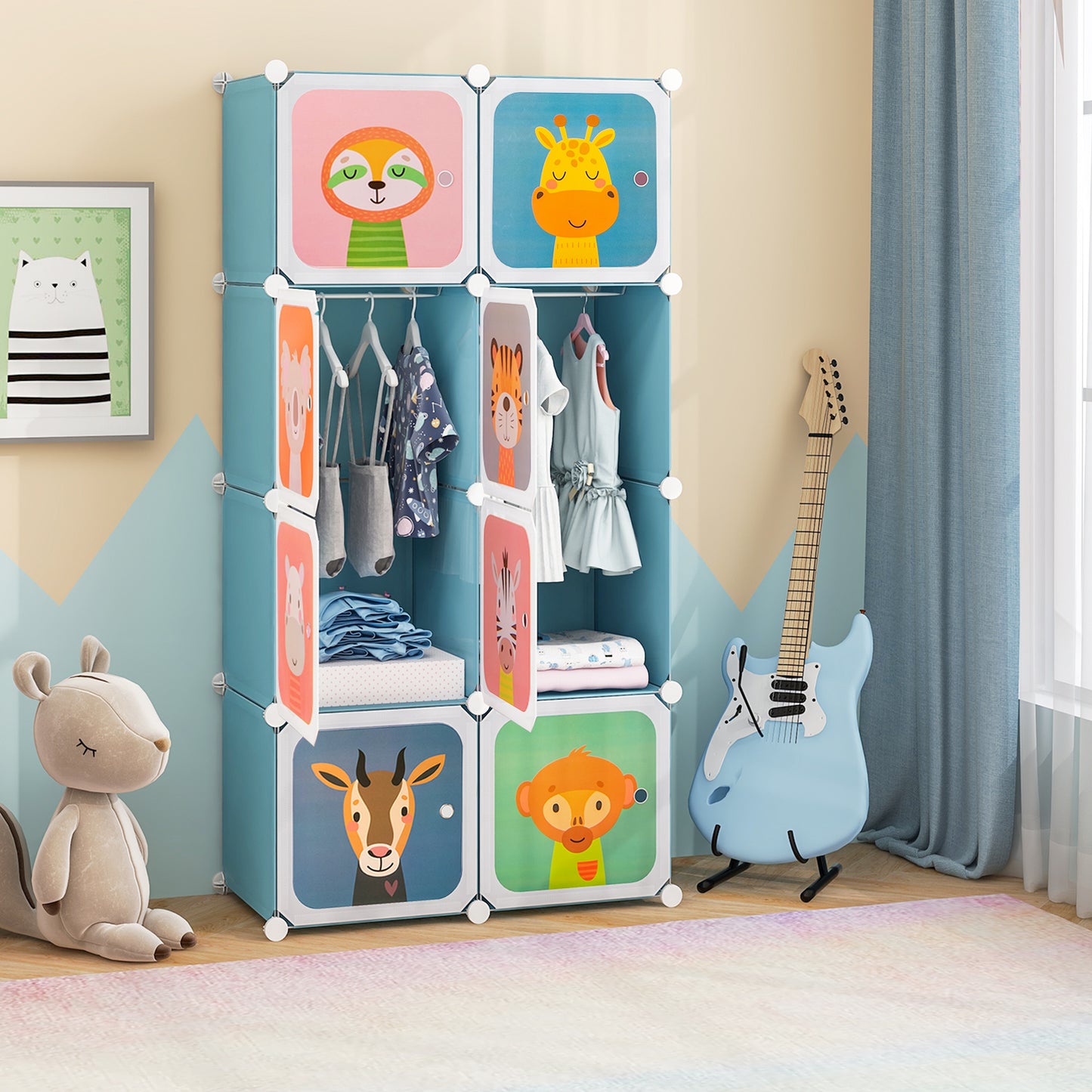 8-Cube Kids Wardrobe Closet with Clothes Hanging Section and Doors, Blue Kids Storage at Gallery Canada