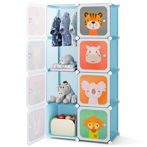 8-Cube Kids Wardrobe Closet, With Hanging Section And Doors, Blue