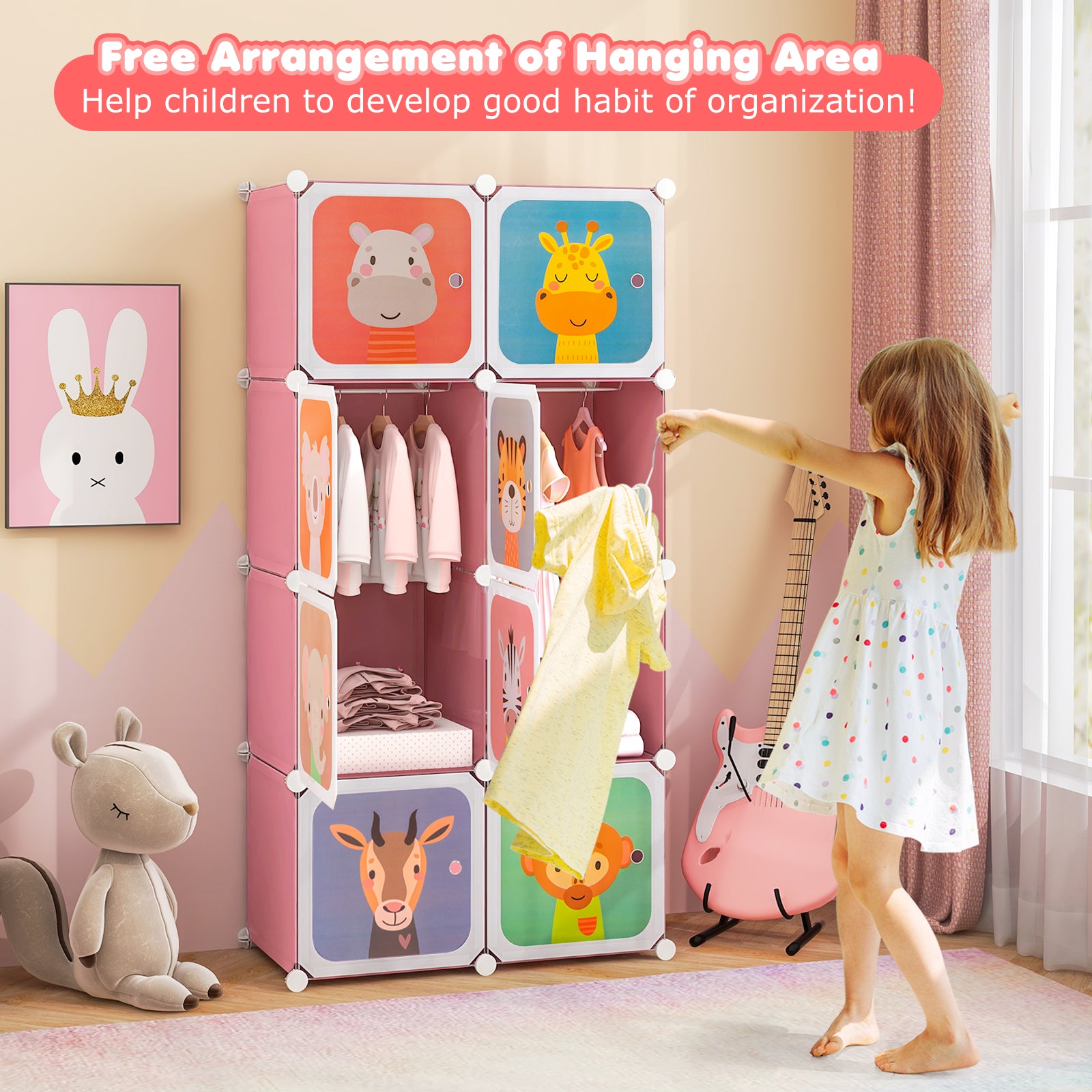 8-Cube Kids Wardrobe Closet with Clothes Hanging Section and Doors, Pink Kids Storage at Gallery Canada