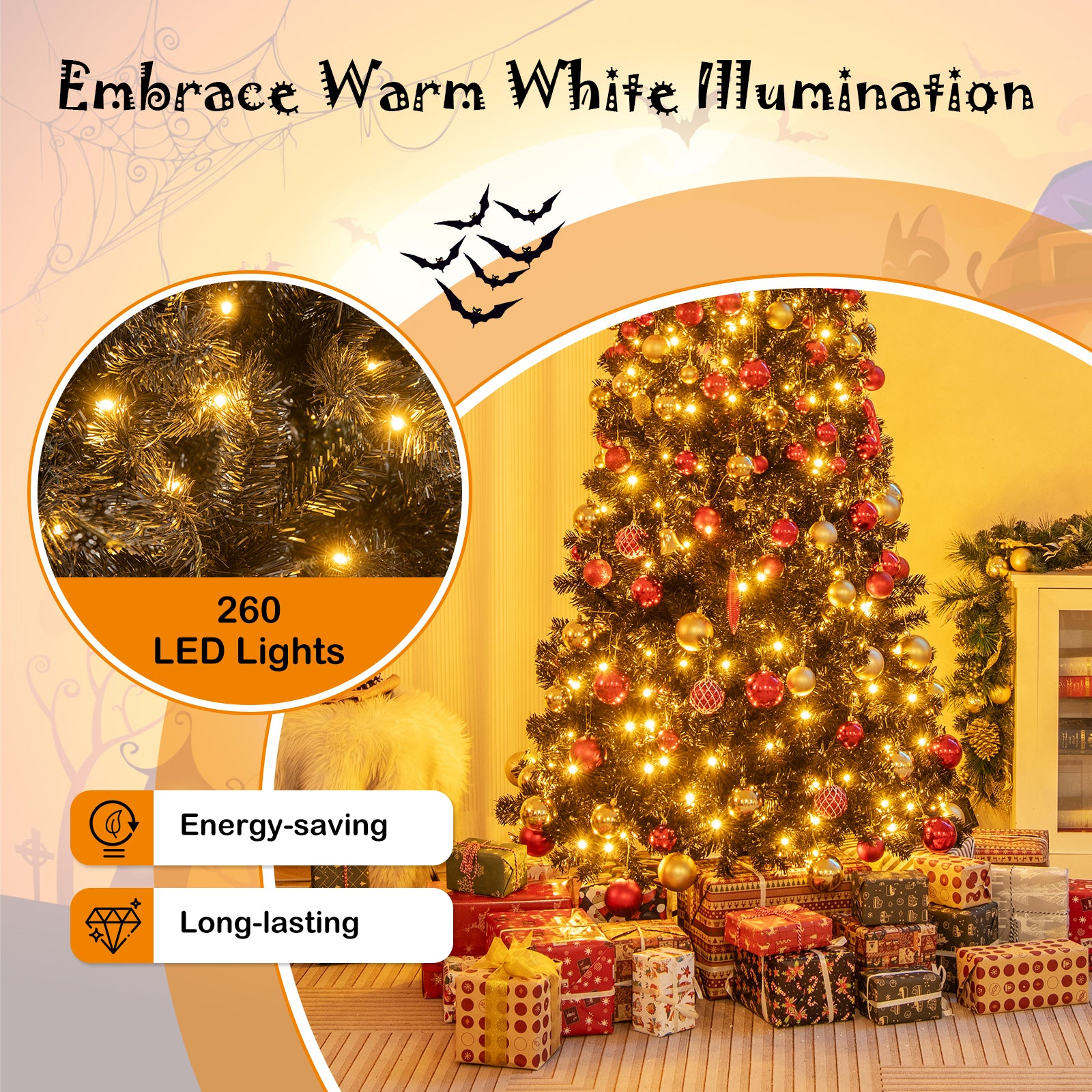 6/7 FT Artificial Christmas Tree with Bendable Top Section and Warm Light-6 FT, Black Christmas Tree at Gallery Canada