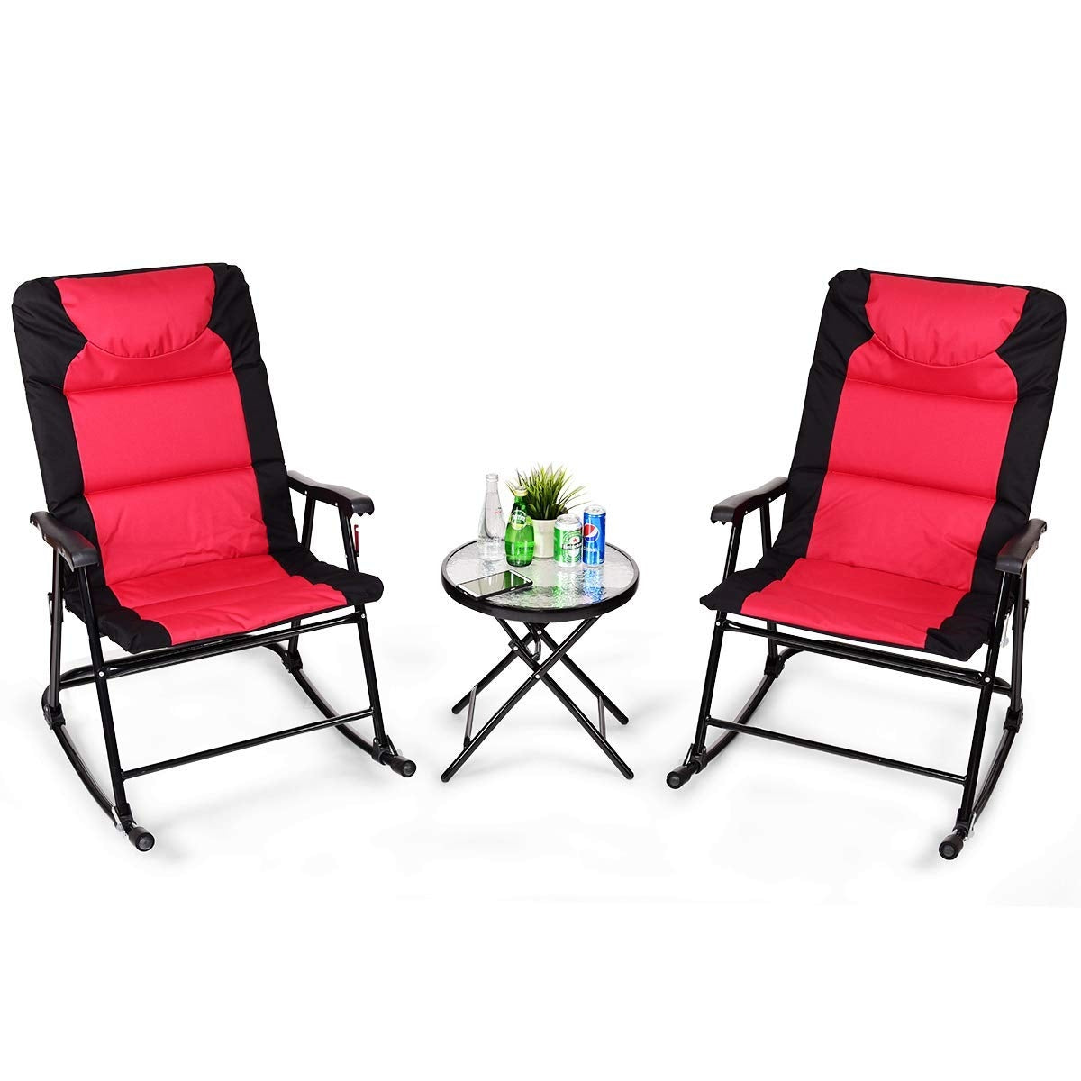3 Pieces Outdoor Folding Rocking Chair Table Set with Cushion, Red Patio Conversation Sets at Gallery Canada