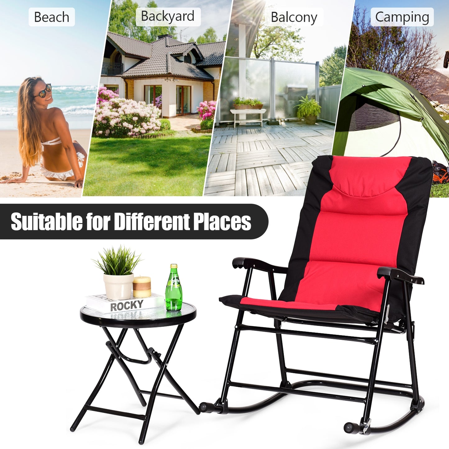 3 Pieces Outdoor Folding Rocking Chair Table Set with Cushion, Red Patio Conversation Sets at Gallery Canada
