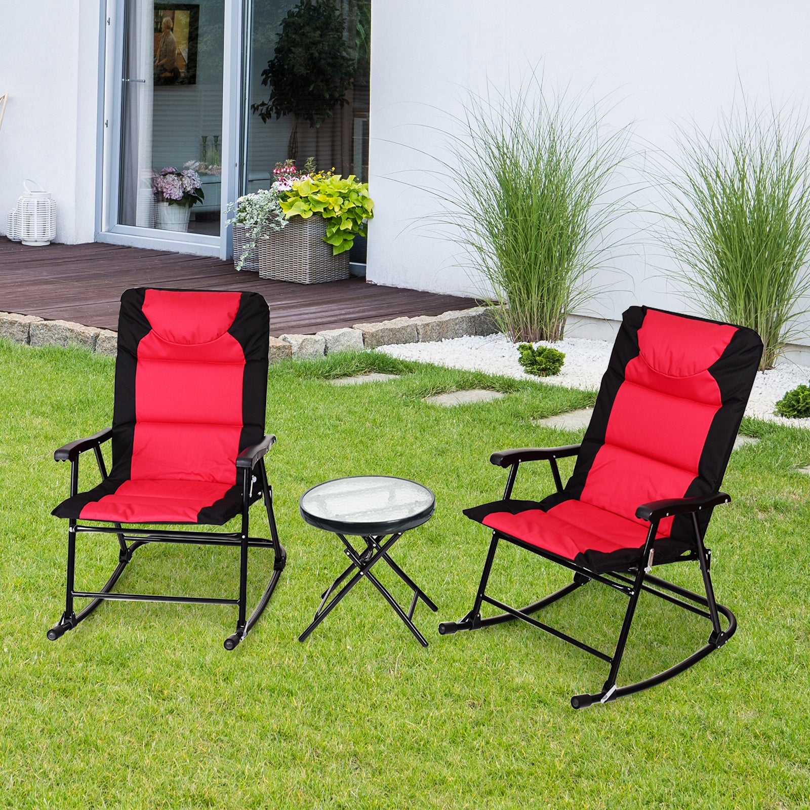 3 Pieces Outdoor Folding Rocking Chair Table Set with Cushion, Red Patio Conversation Sets at Gallery Canada