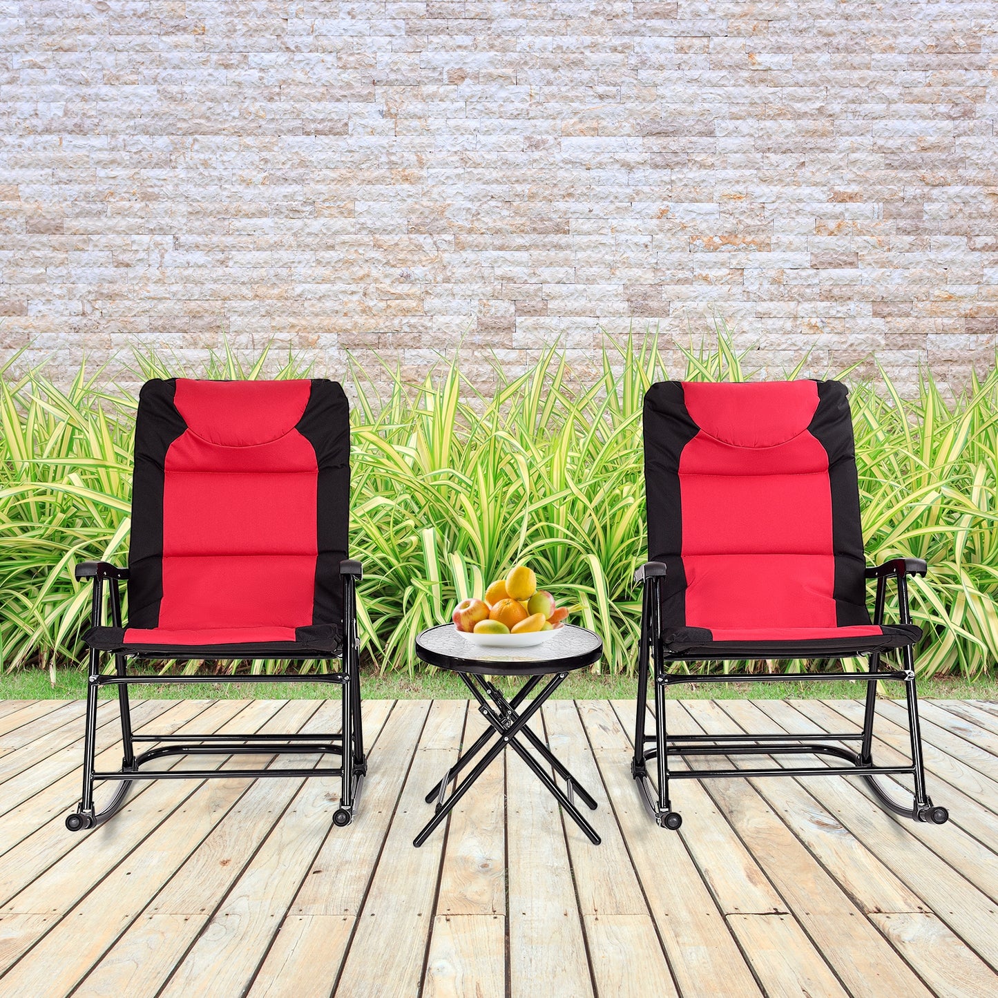 3 Pieces Outdoor Folding Rocking Chair Table Set with Cushion, Red Patio Conversation Sets at Gallery Canada