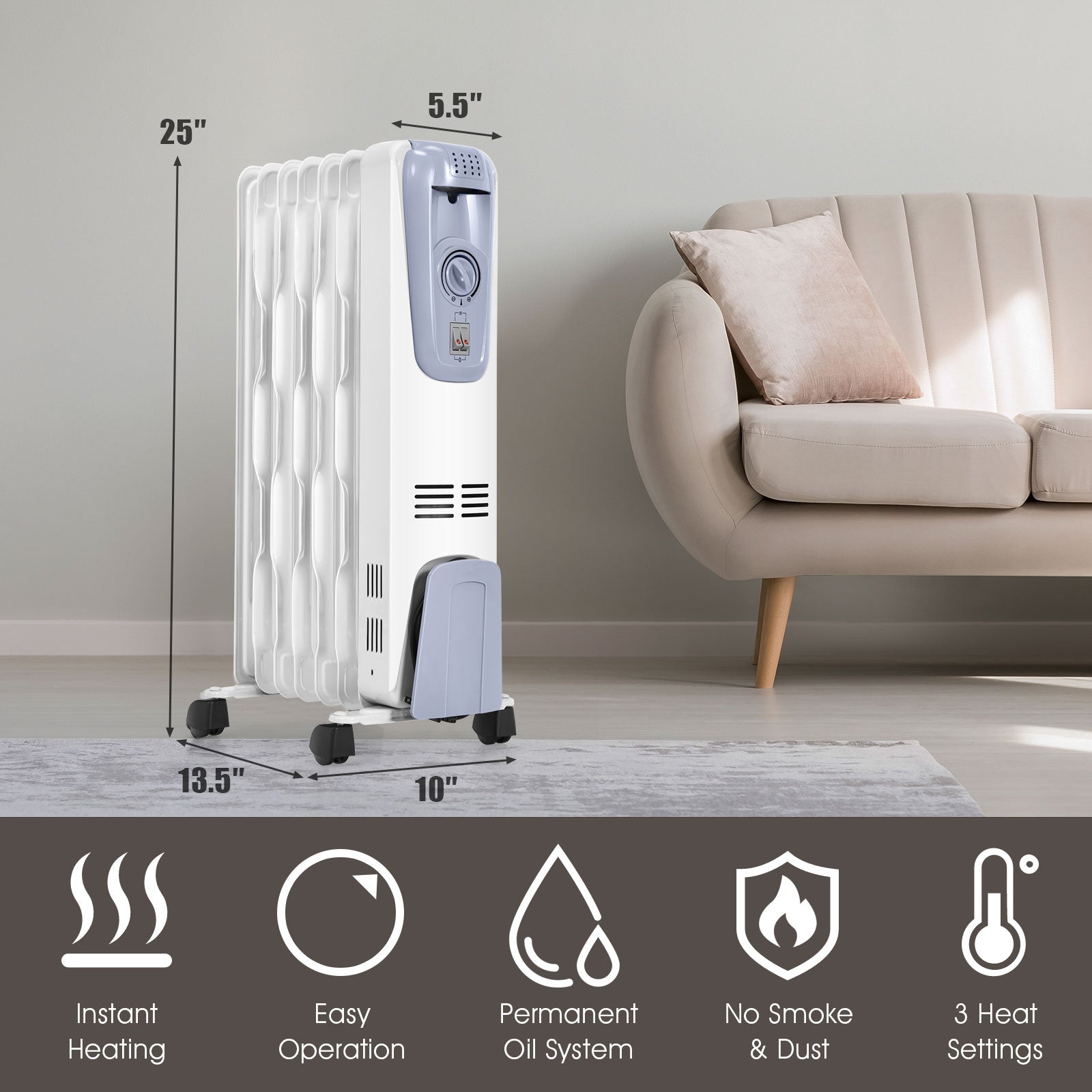 1500W Oil Filled Radiator with Thermostat and 4 Bottom Wheels, White Space Heaters at Gallery Canada