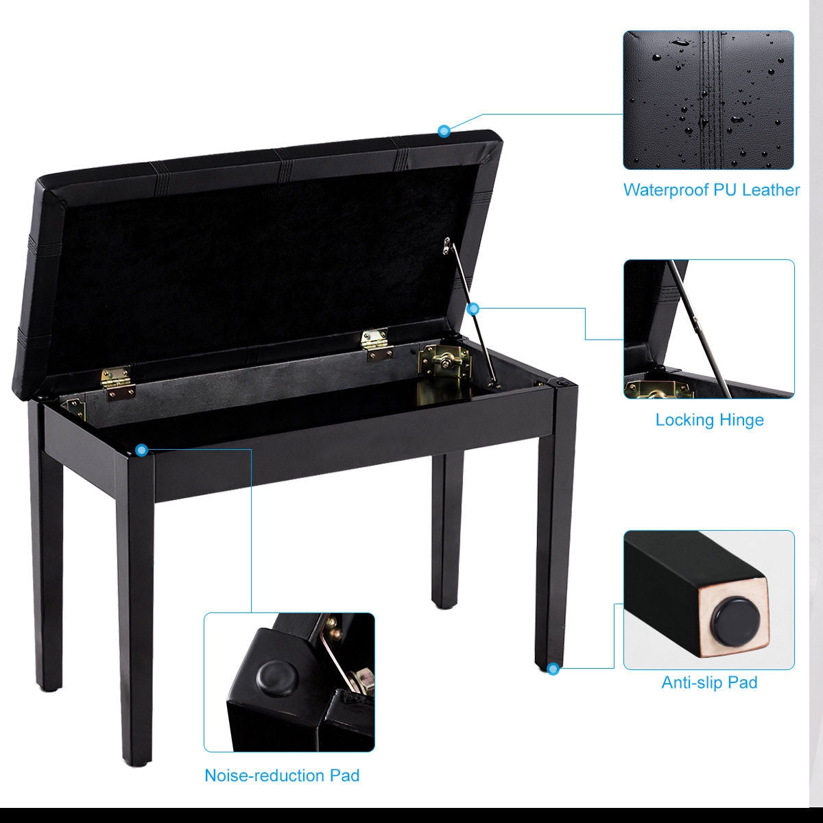 Solid Wood PU Leather Piano Double Duet Keyboard Bench, Black Pianos & Keyboards at Gallery Canada