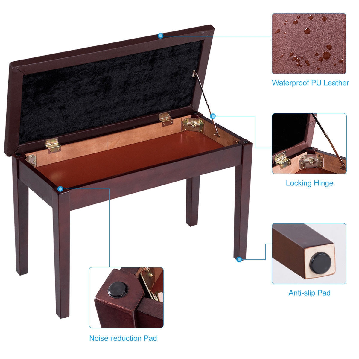 Solid Wood PU Leather Padded Piano Bench Keyboard Seat, Brown Pianos & Keyboards at Gallery Canada