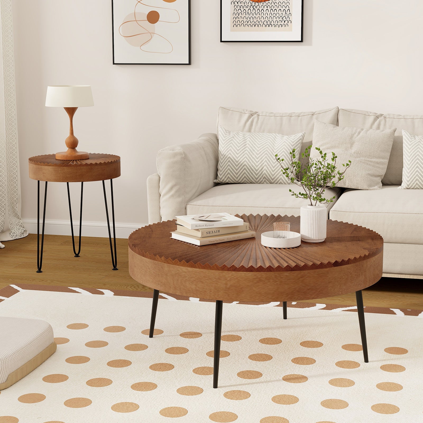 Set of 2 Boho Round Coffee Table with Solid Pine Wood Top and Metal Legs, Brown Coffee Tables at Gallery Canada