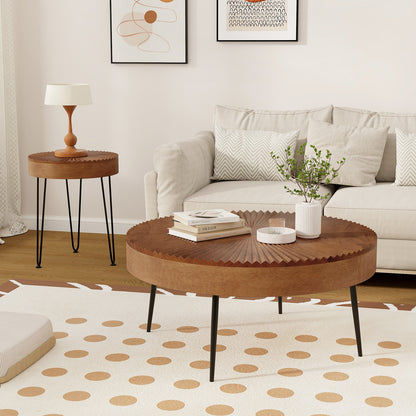 Set of 2 Boho Round Coffee Table with Solid Pine Wood Top and Metal Legs, Brown Coffee Tables at Gallery Canada