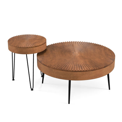 Ensemble de 2 tables basses rondes, plateau en pin massif, pieds en métal, marron