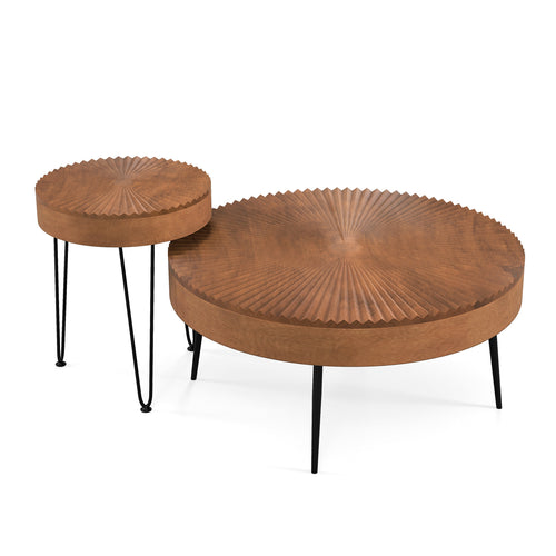Set of 2 Boho Round Coffee Table with Solid Pine Wood Top and Metal Legs, Brown