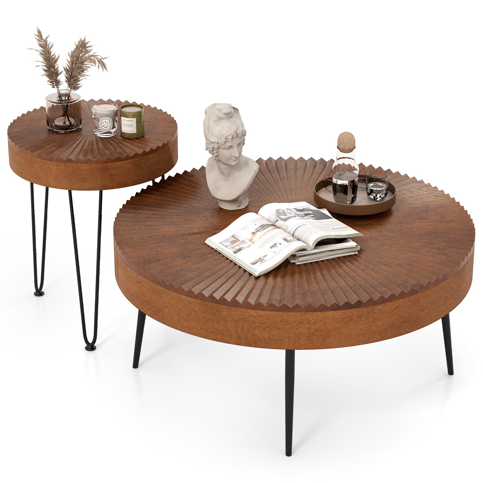 Set of 2 Boho Round Coffee Table with Solid Pine Wood Top and Metal Legs, Brown Coffee Tables at Gallery Canada