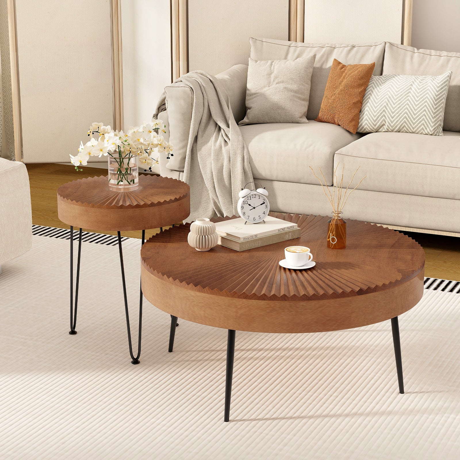 Set of 2 Boho Round Coffee Table with Solid Pine Wood Top and Metal Legs, Brown Coffee Tables at Gallery Canada