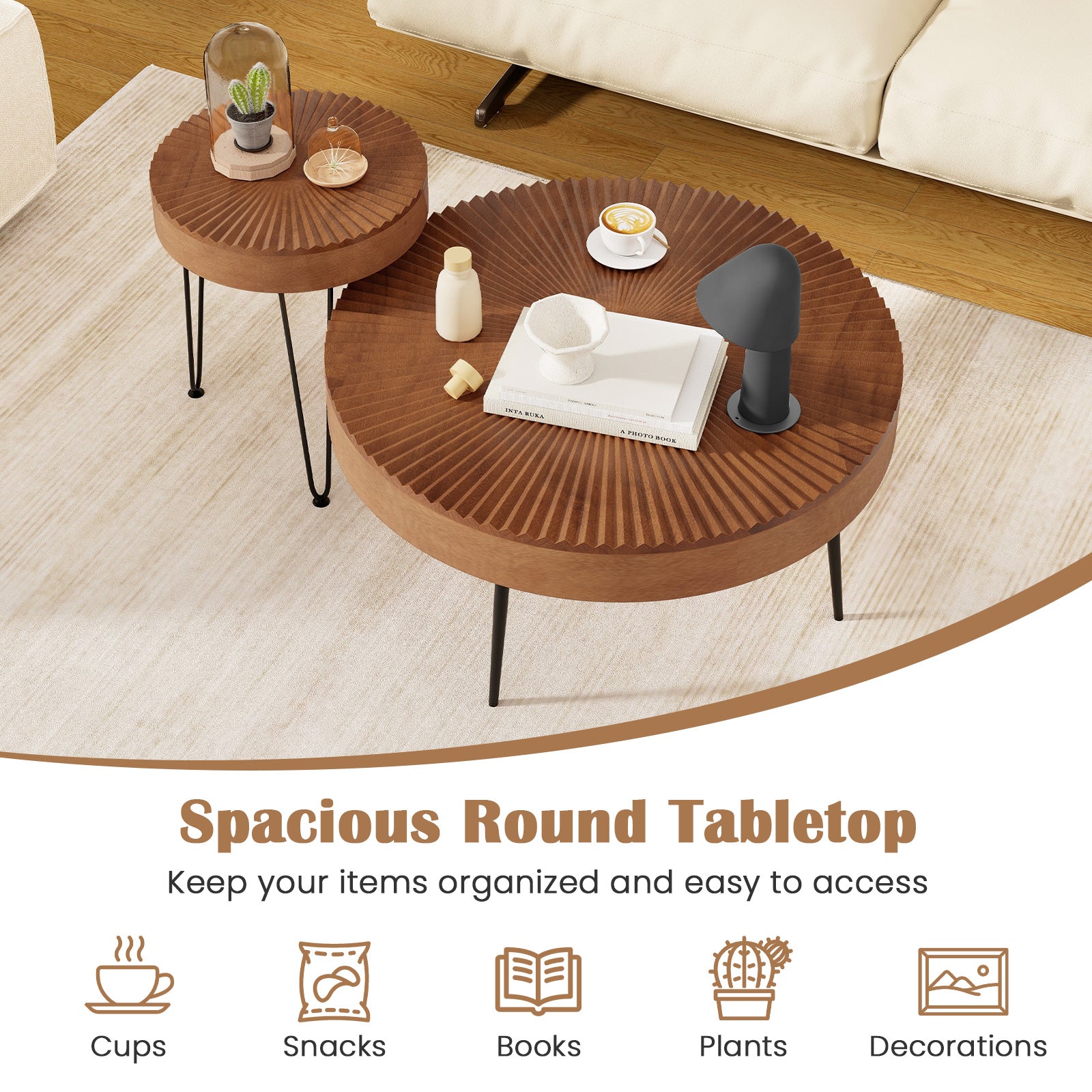 Set of 2 Boho Round Coffee Table with Solid Pine Wood Top and Metal Legs, Brown Coffee Tables at Gallery Canada