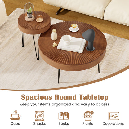 Set of 2 Boho Round Coffee Table with Solid Pine Wood Top and Metal Legs, Brown Coffee Tables at Gallery Canada