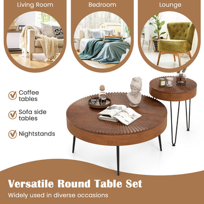 Ensemble de 2 tables basses rondes, plateau en pin massif, pieds en métal, marron