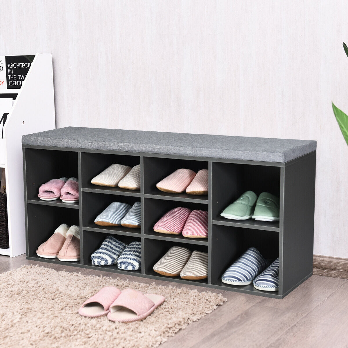 10-Cube Organizer Entryway Padded Shoe Storage Bench, Gray Shoe Racks & Storage Benches at Gallery Canada
