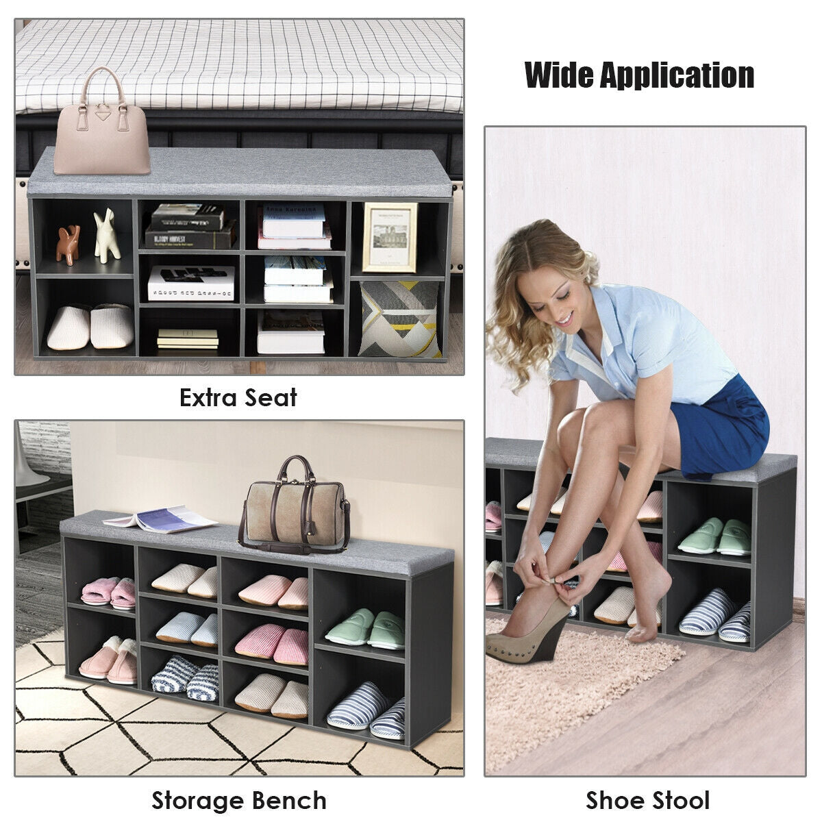 10-Cube Organizer Entryway Padded Shoe Storage Bench, Gray Shoe Racks & Storage Benches at Gallery Canada