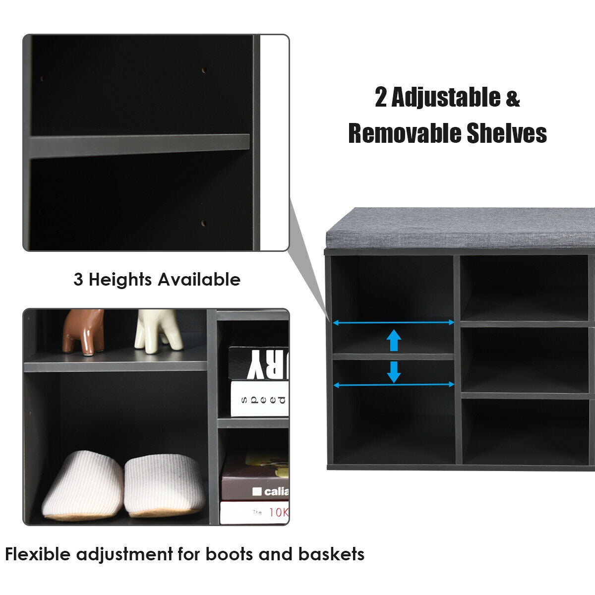 10-Cube Organizer Entryway Padded Shoe Storage Bench, Gray Shoe Racks & Storage Benches at Gallery Canada