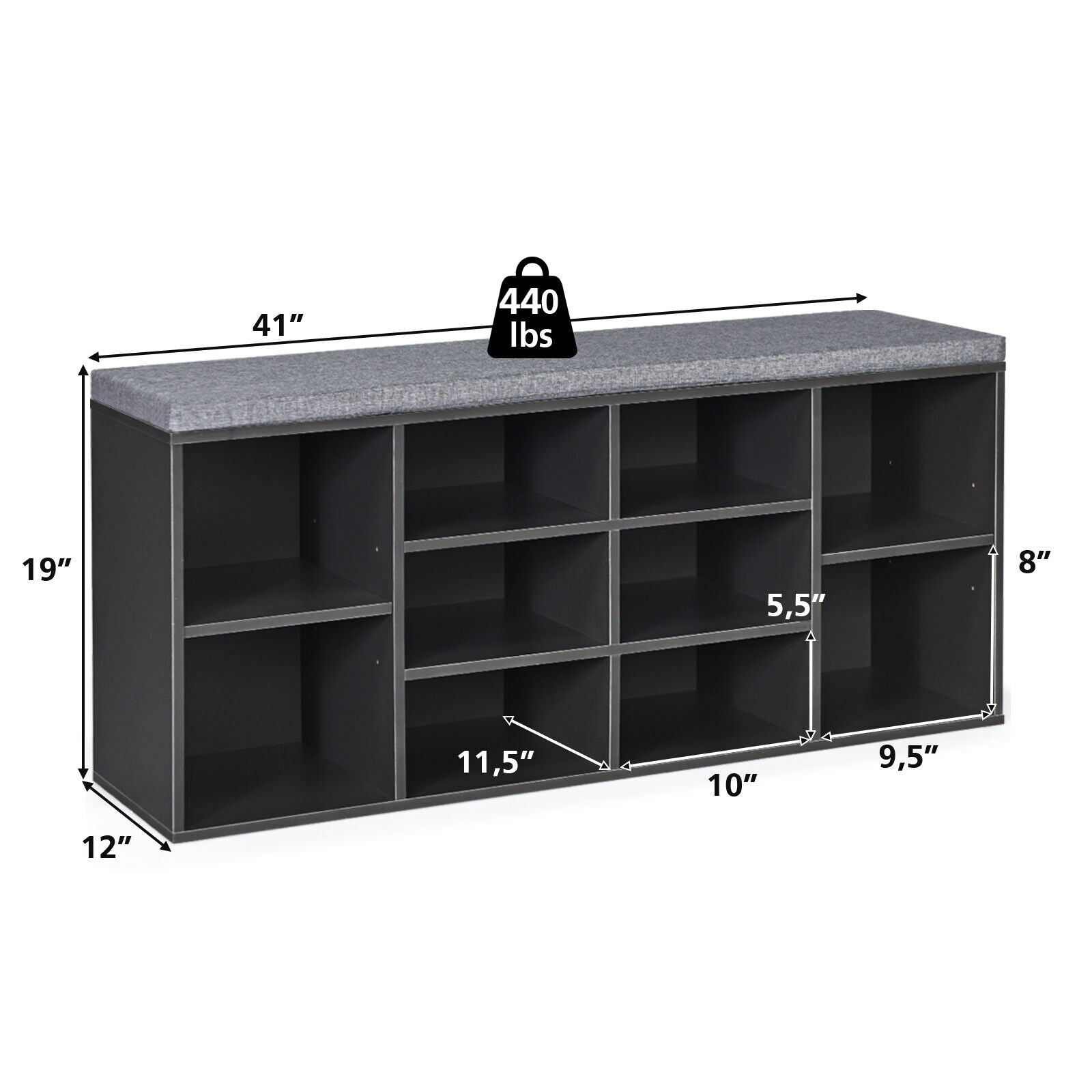 10-Cube Organizer Entryway Padded Shoe Storage Bench, Gray Shoe Racks & Storage Benches at Gallery Canada